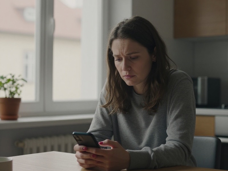 Žena kolem třiceti let sedí ve světlé pražské kavárně, drží mobil se zprávou a se zamyšleným výrazem se dívá z okna, přirozené denní světlo
