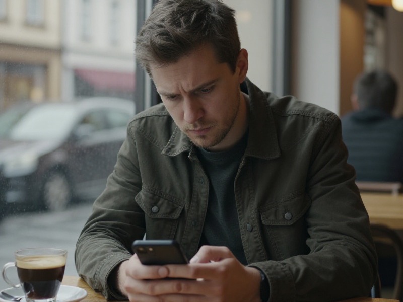 Muž kolem třiceti let v khaki bundě sedí u okna v kavárně a se zklamaným výrazem hledí na telefon; před ním stojí šálek kávy a za oknem je deštivá ulice.