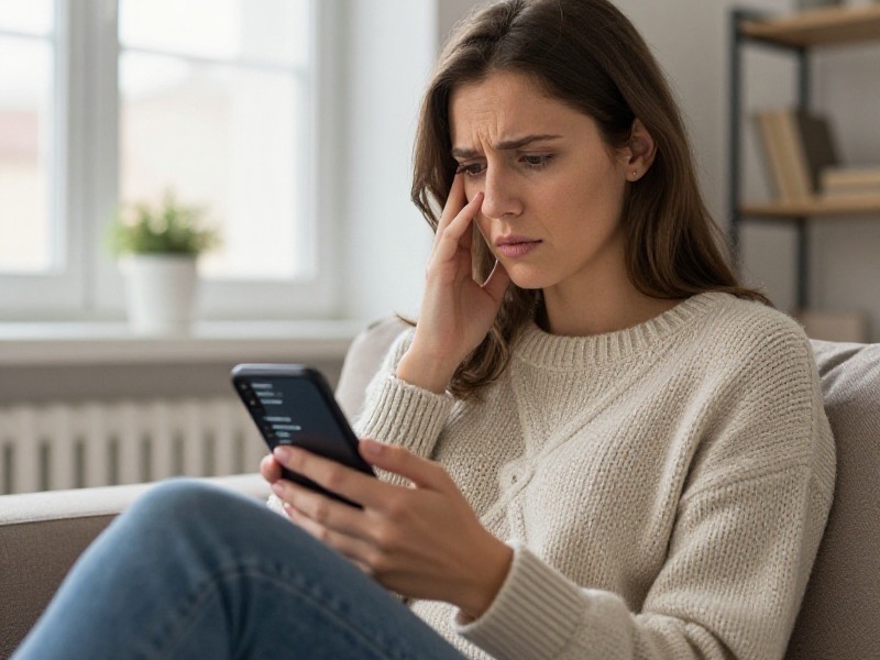 A woman in her late twenties sits on a sofa in a bright Prague apartment holding her smartphone, which shows a long stream of incoming messages, with a slightly overwhelmed and thoughtful expression, wearing a knitted jumper and jeans, soft afternoon window light, photo-realistic.