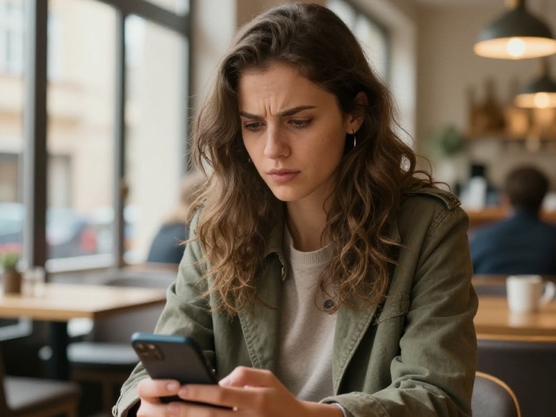 Mladá česká žena sedí v pražské kavárně, drží šálek kávy a zamyšleně se dívá na zprávy v mobilním telefonu, přirozené denní světlo.