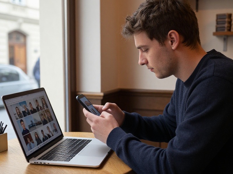 Mladý muž sedí v pražské kavárně a na mobilním telefonu upravuje svůj profil na seznamce, vedle něj šálek kávy a zápisník, denní světlo z okna