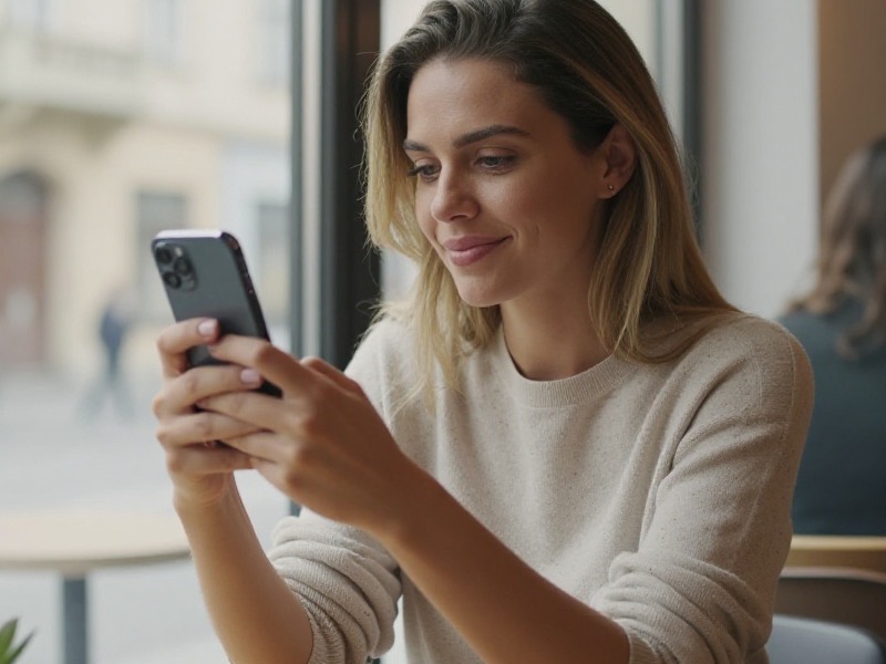 Mladá Slovenka sedí pri okne bratislavskej kaviarne a na mobilnom telefóne upravuje fotografie vo svojom profile na zoznamke, vedľa nej šálka kávy a zápisník.