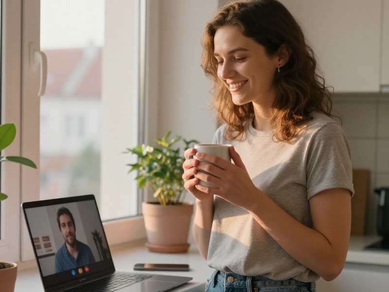 Žena okolo tridsiatky v svetlom bratislavskom byte drží hrnček a s úsmevom sa pozerá na videohovor na notebooku pri teplom večernom svetle