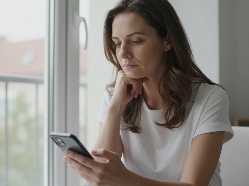 Slovenská žena okolo štyridsiatky sedí pri okne v bratislavskom byte a zamyslene sa pozerá na správu od neznámeho muža vo svojej zoznamke na mobilnom telefóne