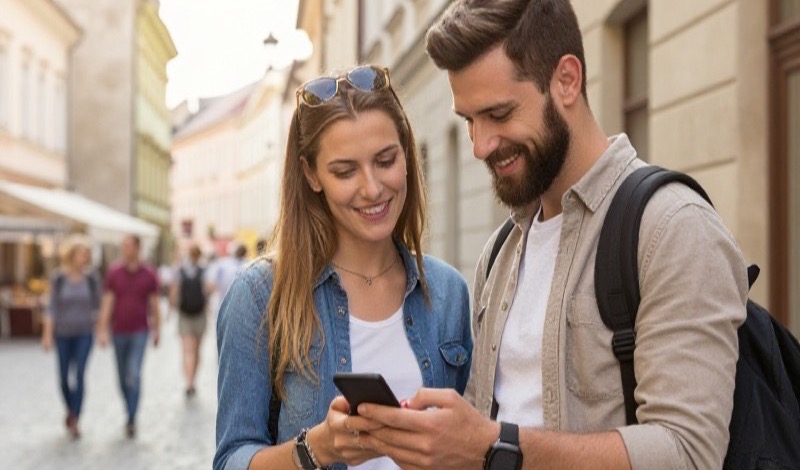 Mladý pár pozerá do telefónu pri káve a usmieva sa počas online randenia cez Telegram